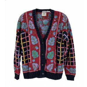IVY Vtg Multicolor Hand Knit‎ Cardigan Sweater Sz M Retro 1980s 80s Grannycore